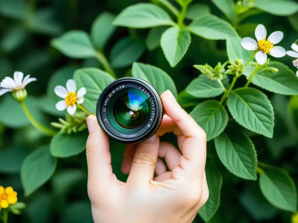 Manos de fotógrafo ajustando lente, capturando la belleza de la naturaleza