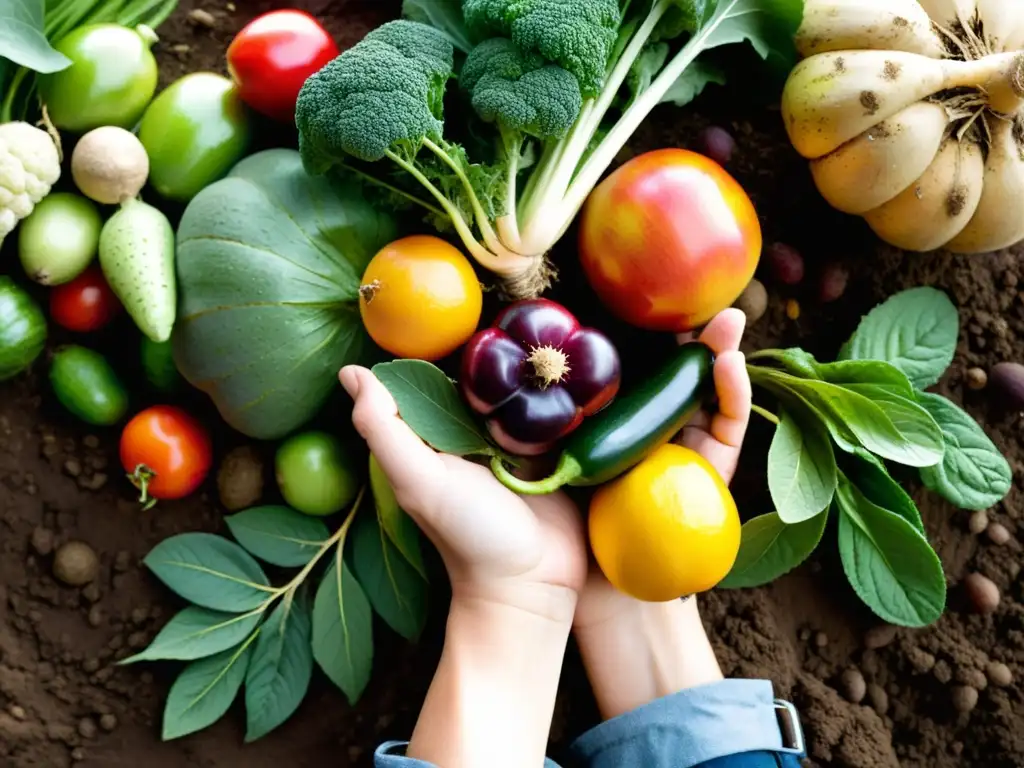 Unas manos sostienen frutas y verduras orgánicas recién cosechadas, resaltando su belleza natural