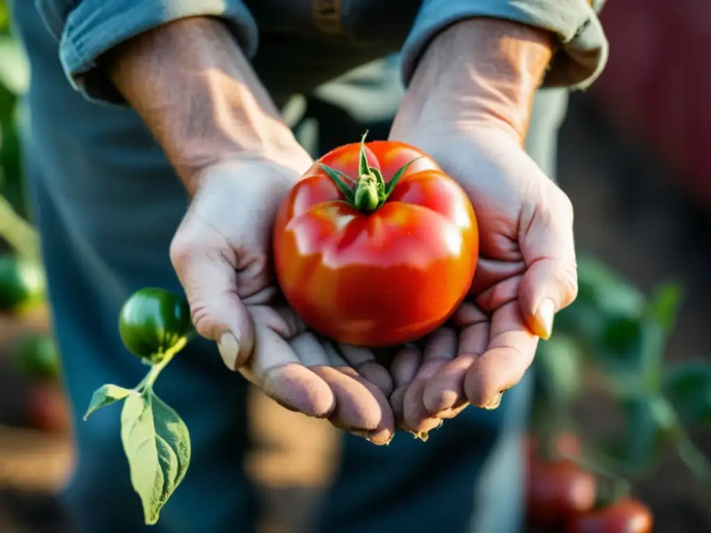 Las manos del granjero sostienen con cuidado un tomate orgánico recién cosechado, resaltando la belleza natural de los alimentos orgánicos