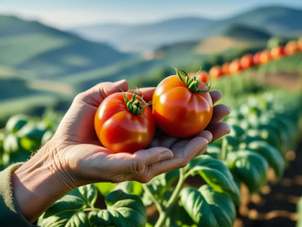 Manos de granjero sostienen tomate orgánico, con fondo de granja ecológica y colinas, capturando turismo ecológico en granjas orgánicas