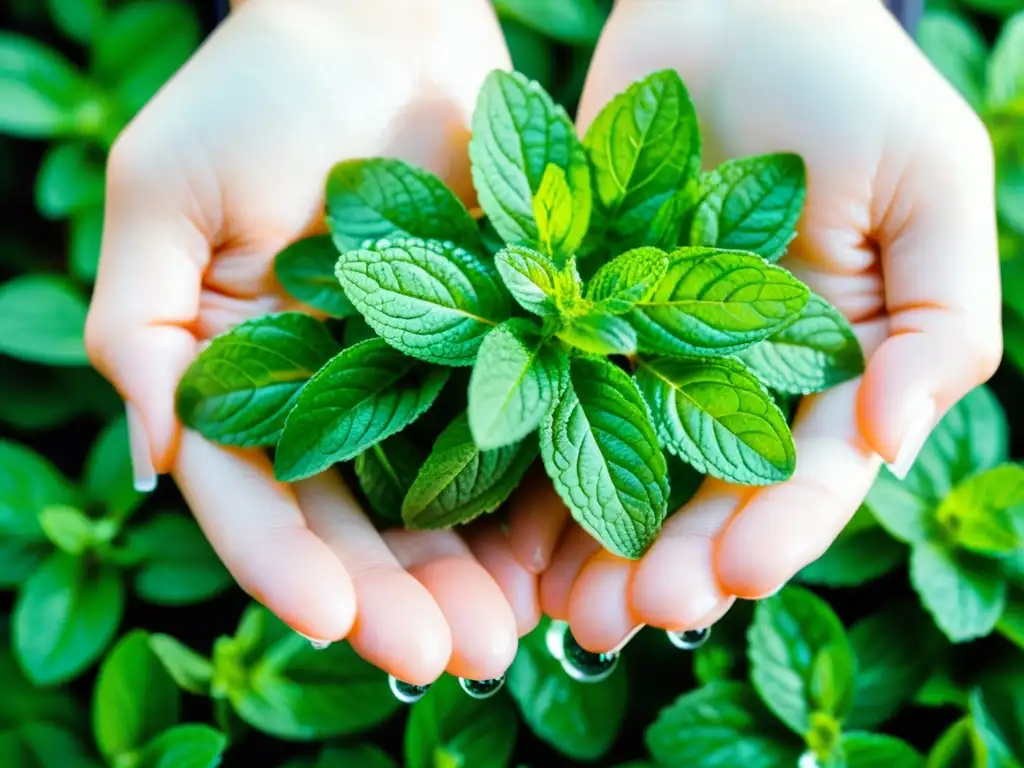 Manos sosteniendo hojas de menta fresca con gotas de agua