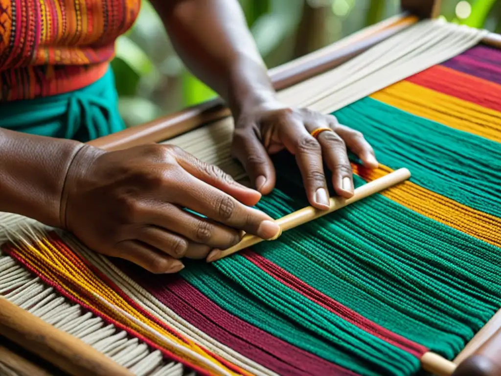 Manos indígenas tejiendo con técnica tradicional en la selva, preservando tradiciones artesanales en ecosistemas de selva