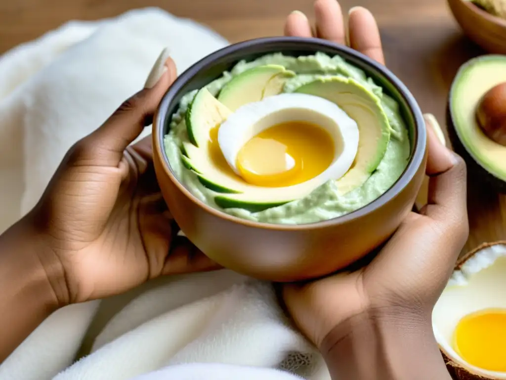 Manos aplicando mascarilla capilar natural con aguacate, leche de coco y miel