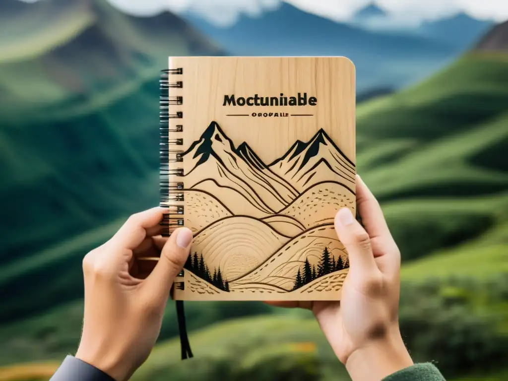 Las manos de un viajero sostienen un hermoso cuaderno ecológico con detalles de montañas, listo para nuevas aventuras