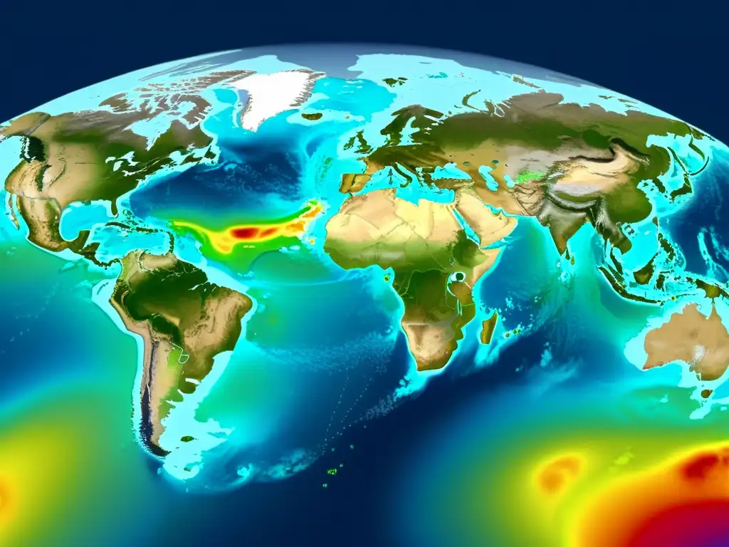 Mapa global con modelos climáticos y previsiones de seguridad alimentaria, mostrando complejas corrientes oceánicas y patrones climáticos detallados