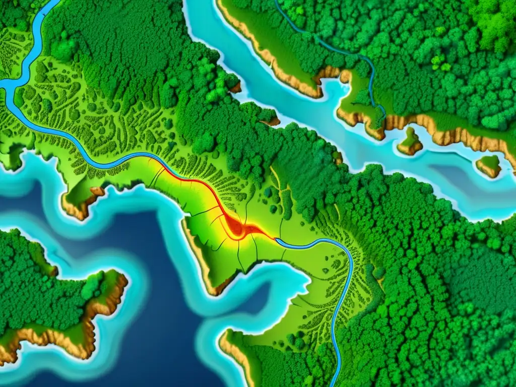 Mapa topográfico detallado de una selva densa con colores vibrantes y contornos de elevación