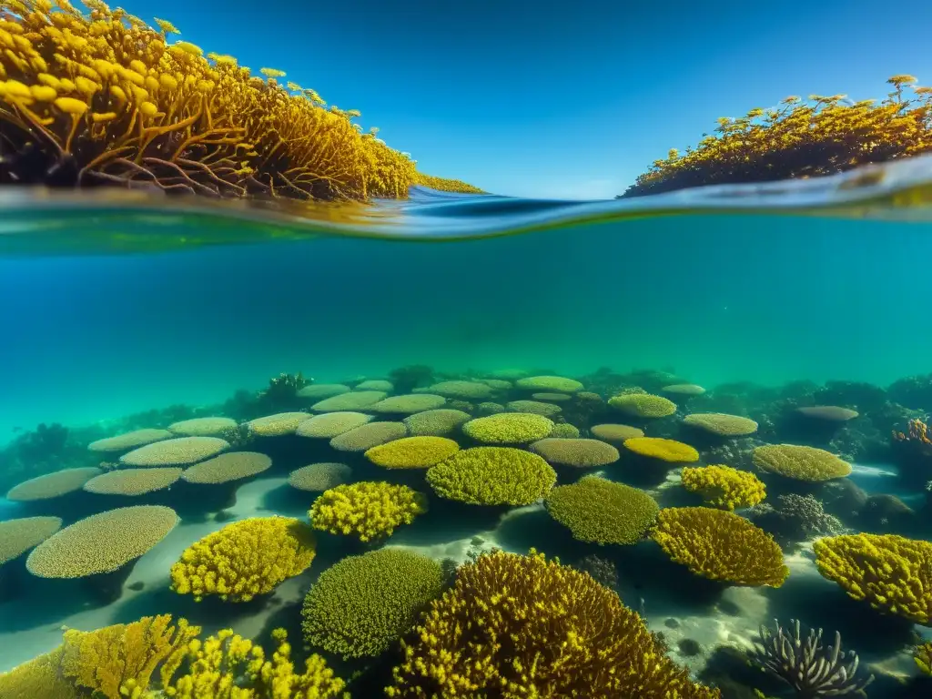 Mar de Sargazo ecosistema flotante: Imagen 8k detallada del vasto mar de Sargazo con su vida submarina colorida y fascinante