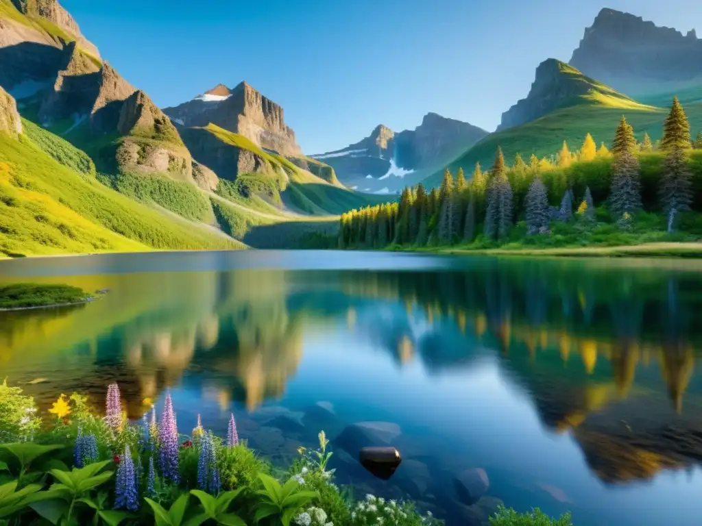 Una maravillosa imagen de un paisaje natural intocado, con un lago cristalino, montañas imponentes y exuberante vegetación