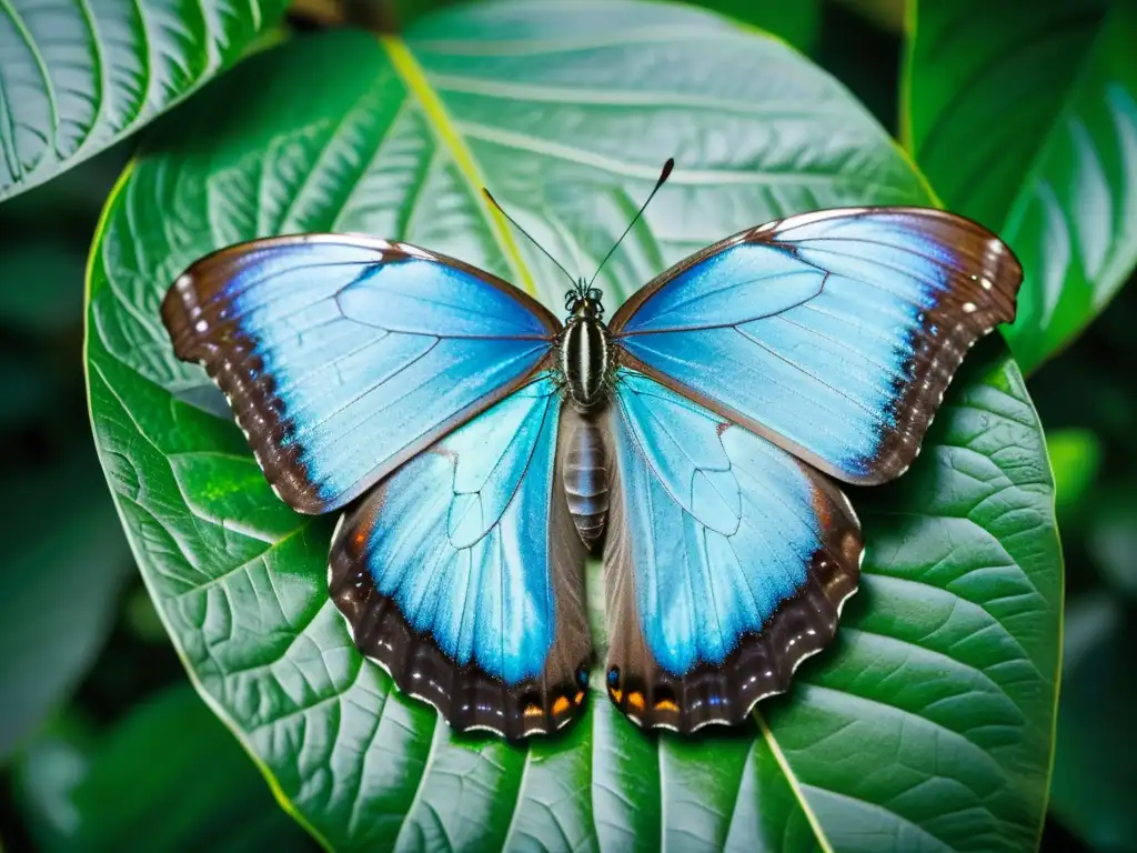 Una maravillosa mariposa morfo azul descansa en una hoja verde en la exuberante selva tropical