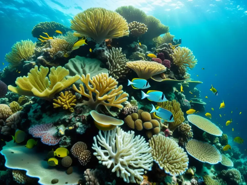 Maravillosa vida marina en un arrecife de coral con estrategias de ocultación