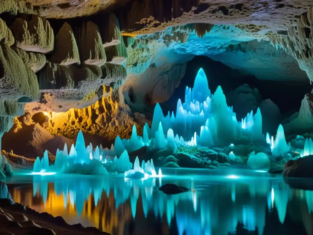 Maravillosas cuevas de cristal en ecosistemas subterráneos, con formaciones brillantes y seres mágicos entre la bioluminiscencia