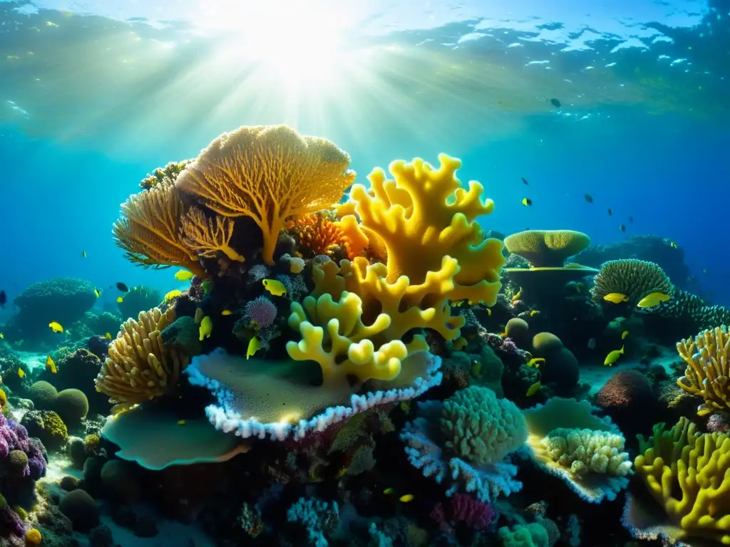 Maravilloso arrecife de coral con esponjas coloridas, vida marina y luz dorada