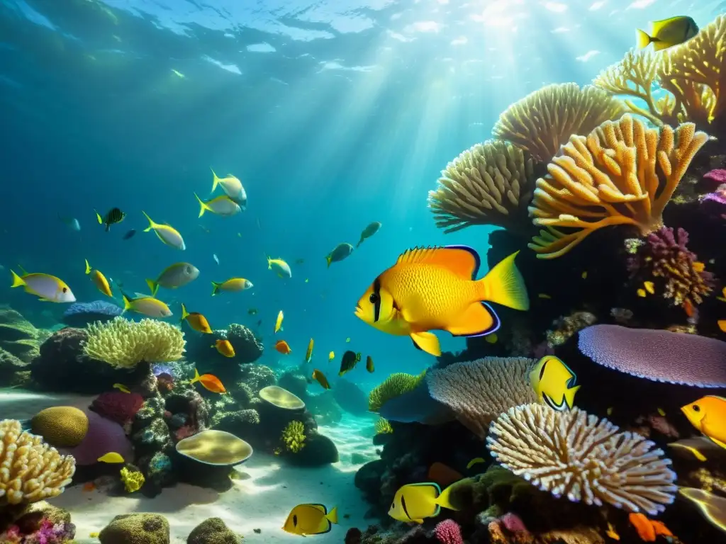 Espectacular escena submarina: cardumen de peces tropicales entre corales Maravilloso arrecife de peces tropicales en aguas profundas, evitando conflictos extracción recursos marinos aguas profundas