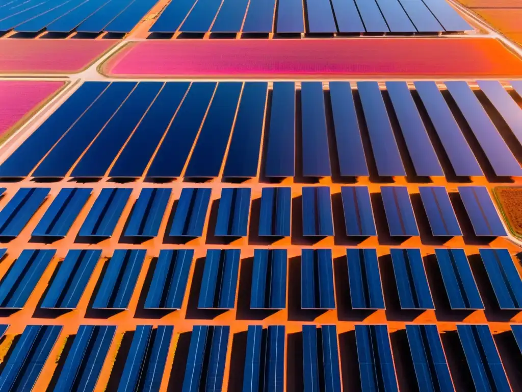 Un maravilloso atardecer en una granja solar, con paneles solares formando un patrón simétrico