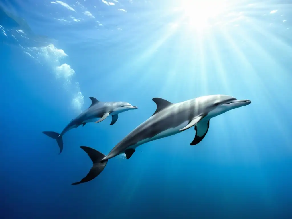 Maravilloso equipo de biólogos marinos observando grácilmente a los delfines en aguas cristalinas