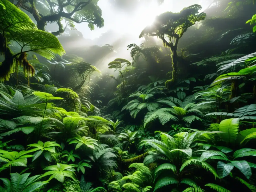 Maravilloso bosque nublado con luz filtrada y exuberante vegetación