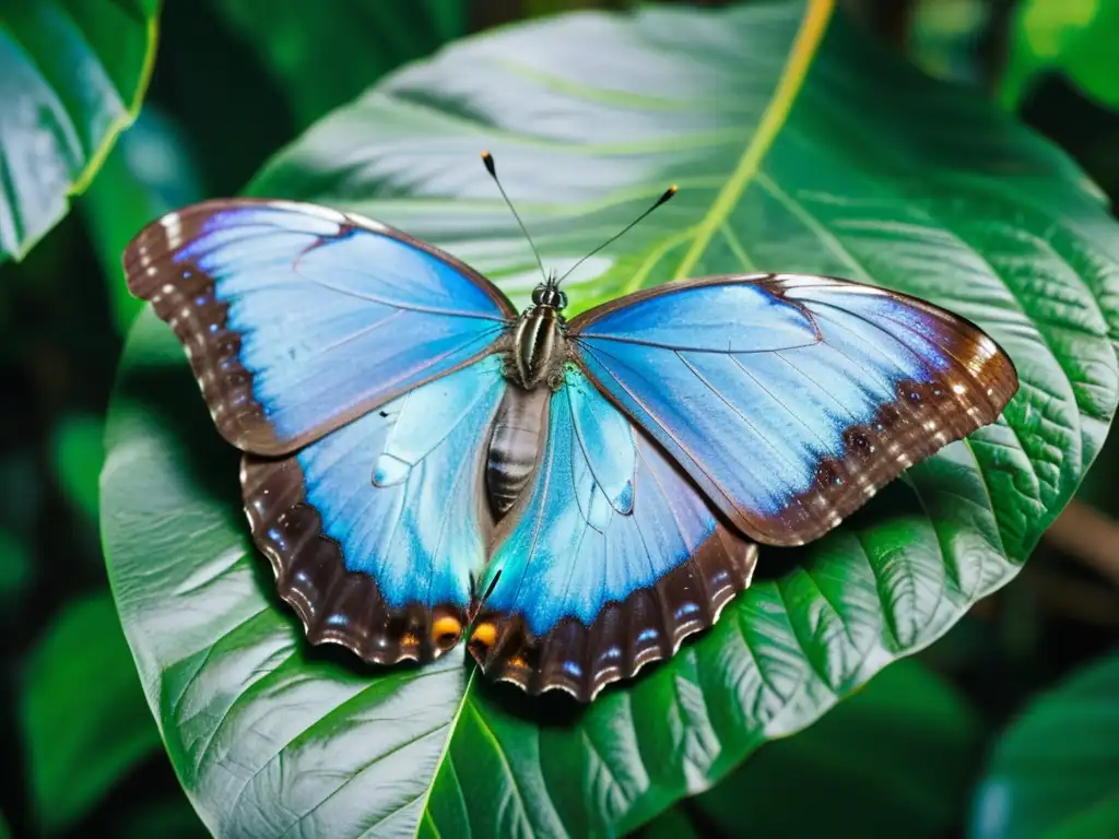 Una mariposa Morpho azul reposa en una hoja verde en la selva tropical, mostrando la belleza de las mariposas y polillas de selvas tropicales