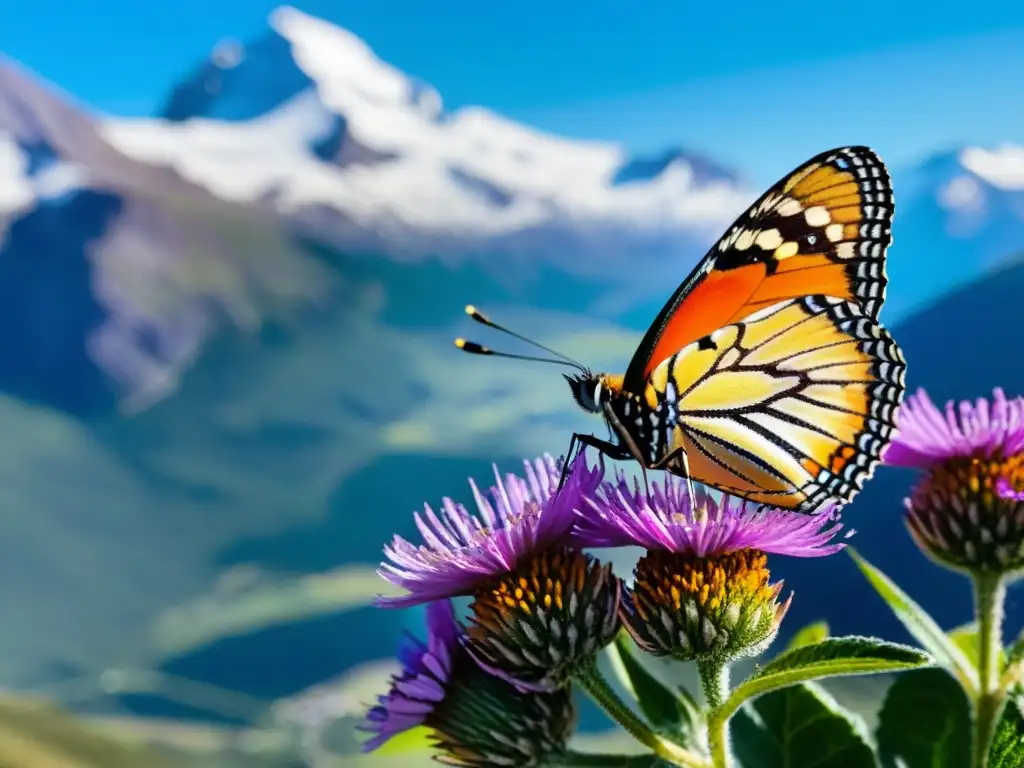 Una mariposa iridiscente posada en una flor de montaña, con picos nevados de fondo
