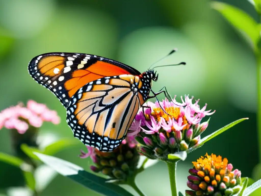 Una mariposa monarca con alas abiertas, posada en una flor rosa brillante en un ecosistema colorido y diverso, iluminado por el sol