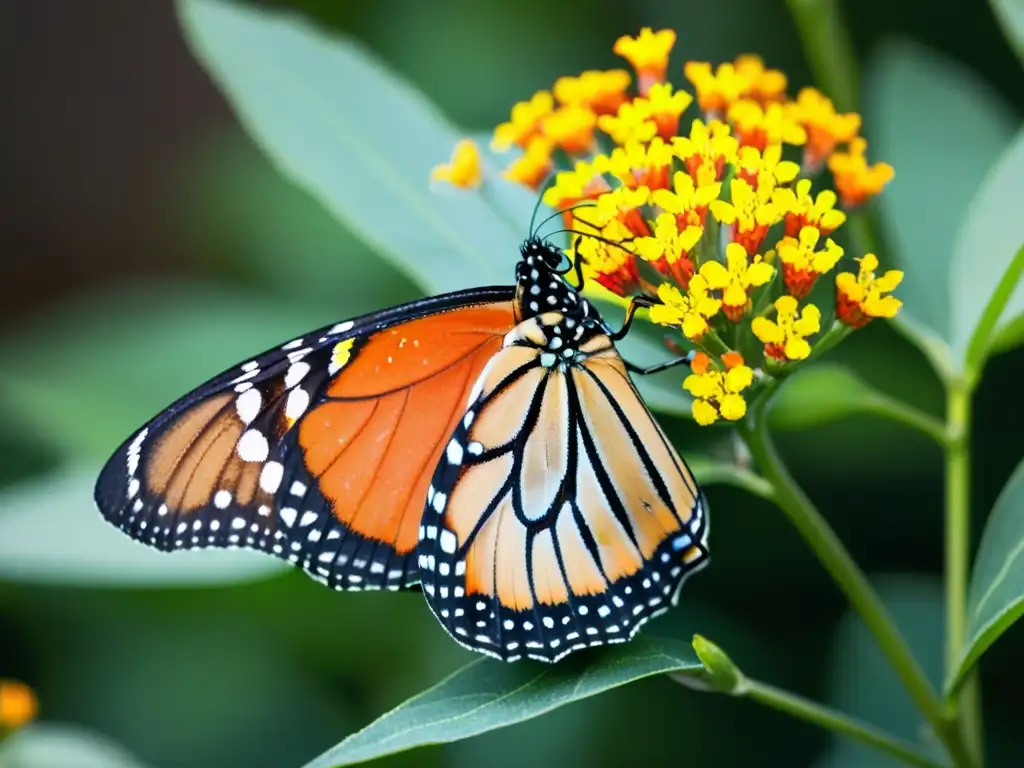 Una mariposa monarca detallada, con alas desplegadas, libando néctar en una flor naranja vibrante, en un ecosistema diverso