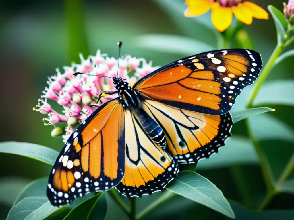 Una mariposa monarca descansa en una flor de algodoncillo, mientras sus alas despliegan patrones y colores vibrantes