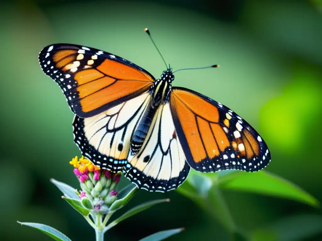 Una mariposa monarca reposa con gracia en una flor de algodoncillo, destacando la relación crucial entre migración mariposa monarca ecosistemas