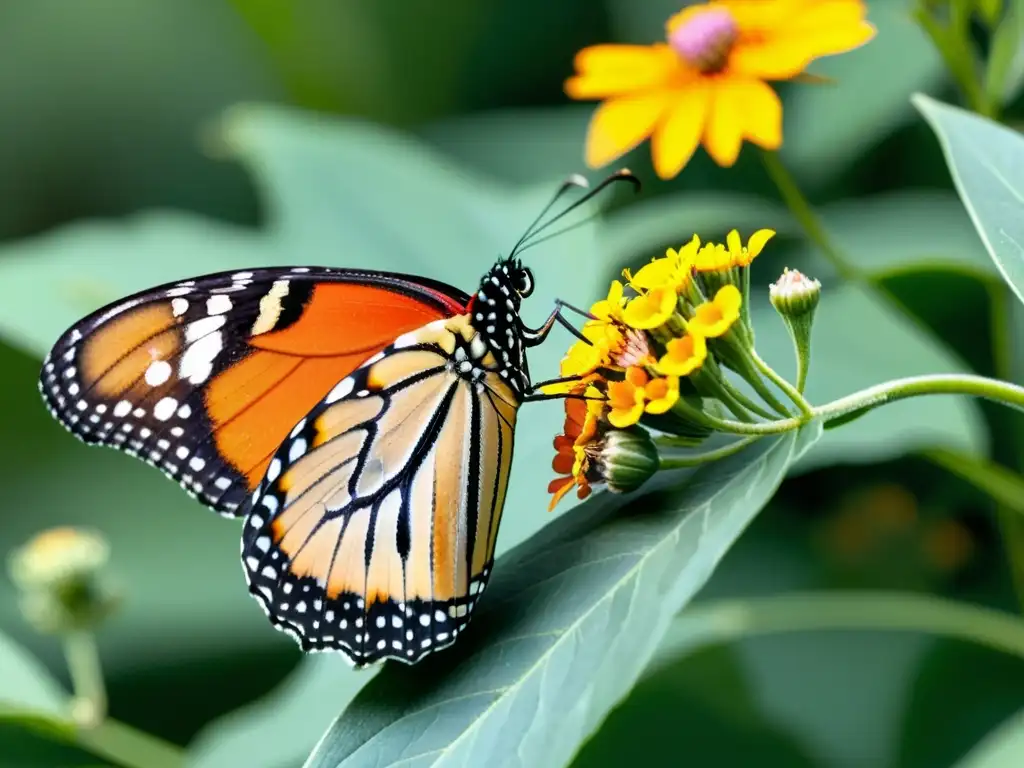 Una mariposa monarca descansa en una planta, iluminada por el sol entre flores y hojas, resaltando su migración y vital ecosistema