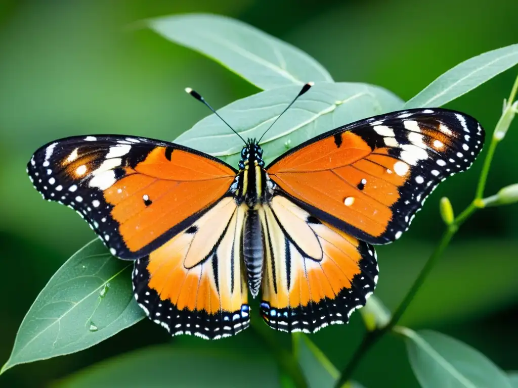 Una mariposa monarca de vibrante naranja y negro reposa sobre una planta de algodoncillo