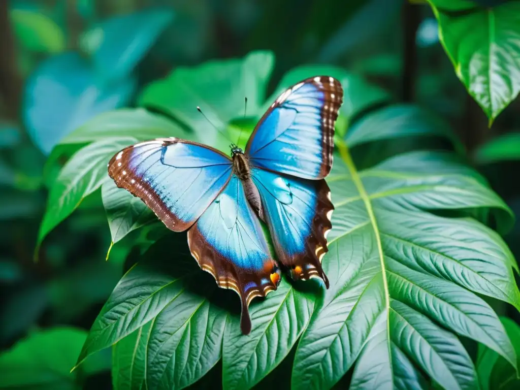 Una mariposa morfo azul descansa en una hoja verde en la selva tropical, mostrando la belleza de las mariposas y polillas de selvas tropicales