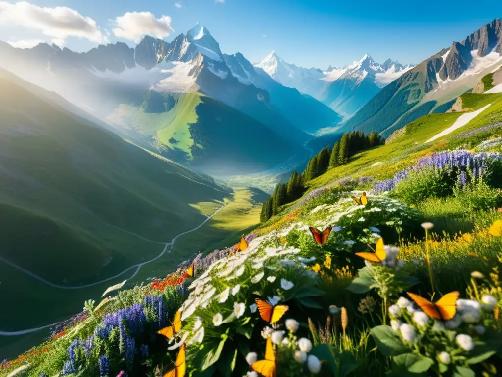 Mariposas indicadoras salud ambiental montañas: Panorámica impresionante de montañas, valles verdes y mariposas coloridas entre flores alpinas