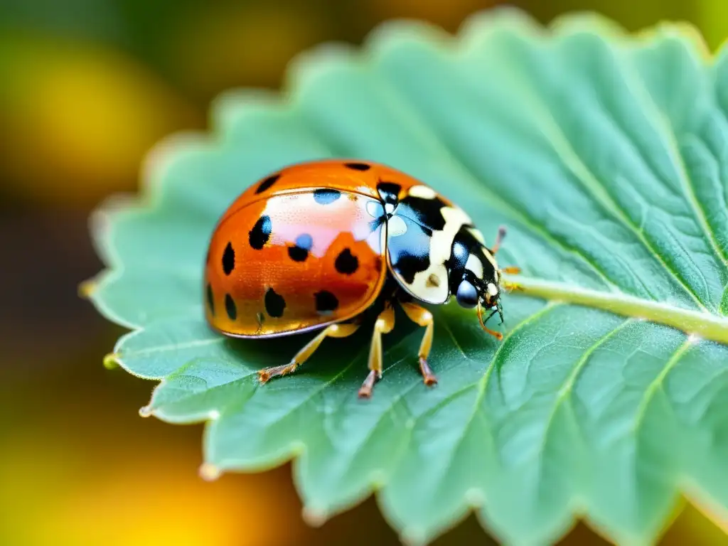 Una mariquita descansa en una hoja verde brillante, con sus detalles y alas iridiscentes iluminados por el sol