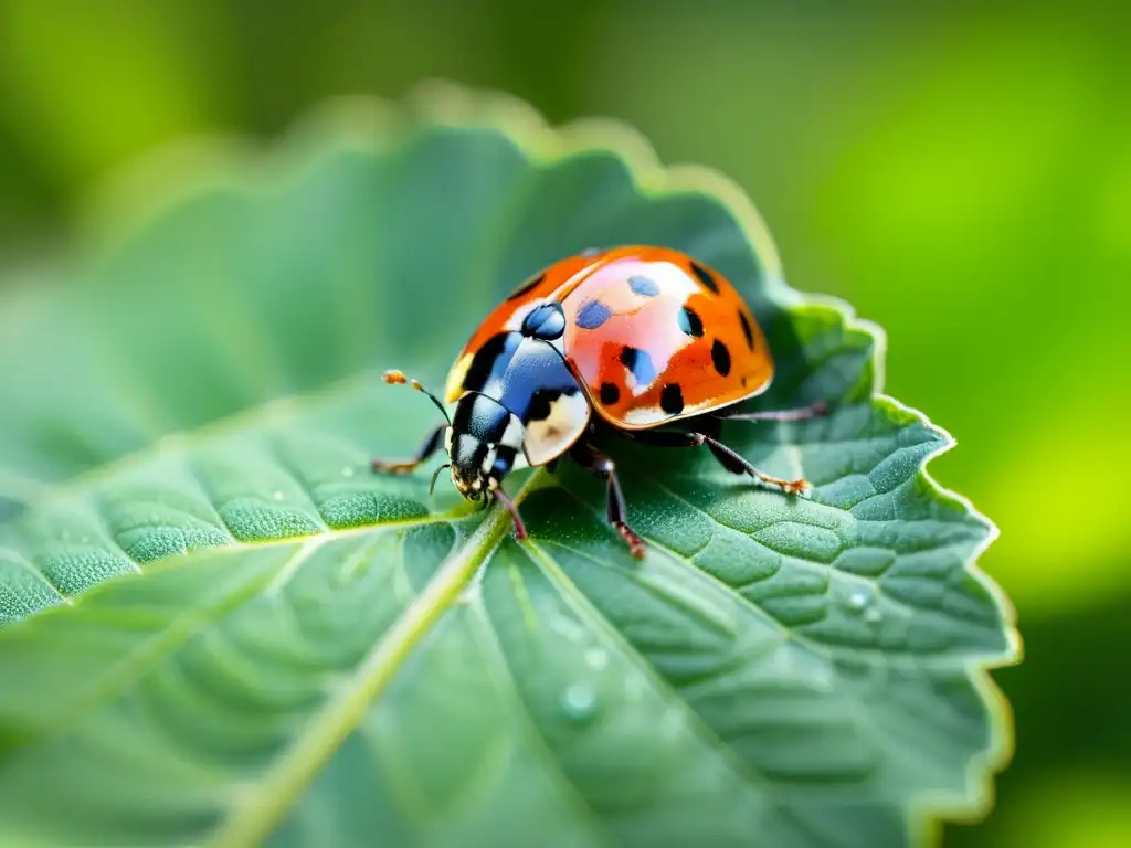 Una mariquita se posa delicadamente en una hoja verde, mostrando sus detalles mientras el sol crea sombras