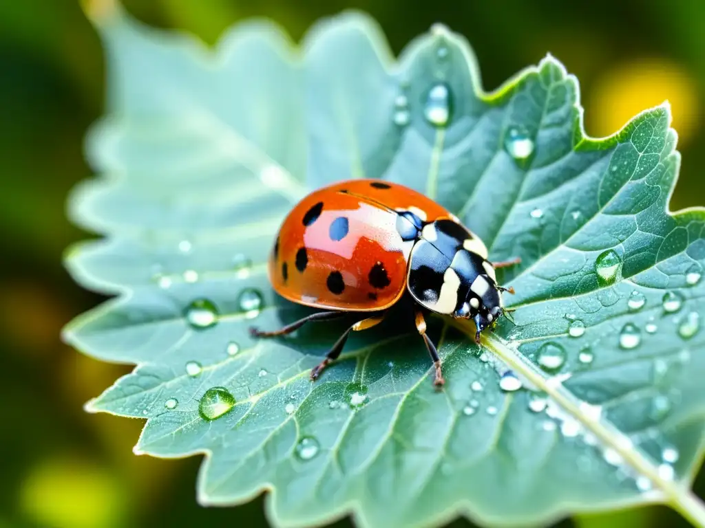 Una mariquita en una hoja verde con gotas de agua, en un campo diverso, muestra las interacciones insectos fungicidas balance ecosistemas