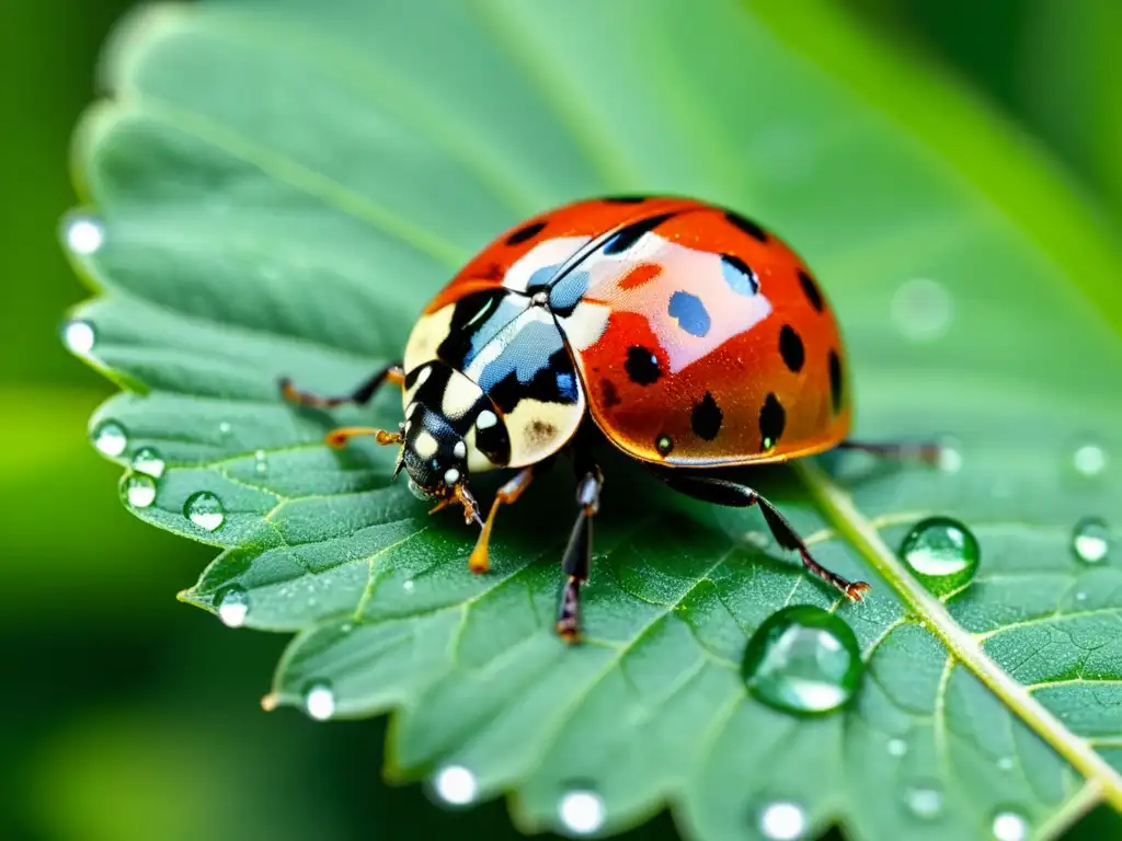 Una mariquita en una hoja verde con gotas de agua