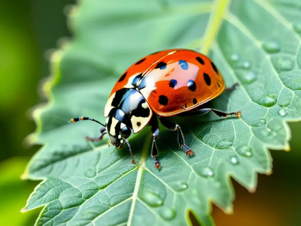 Una mariquita descansa sobre una hoja verde vibrante, rodeada de pulgones