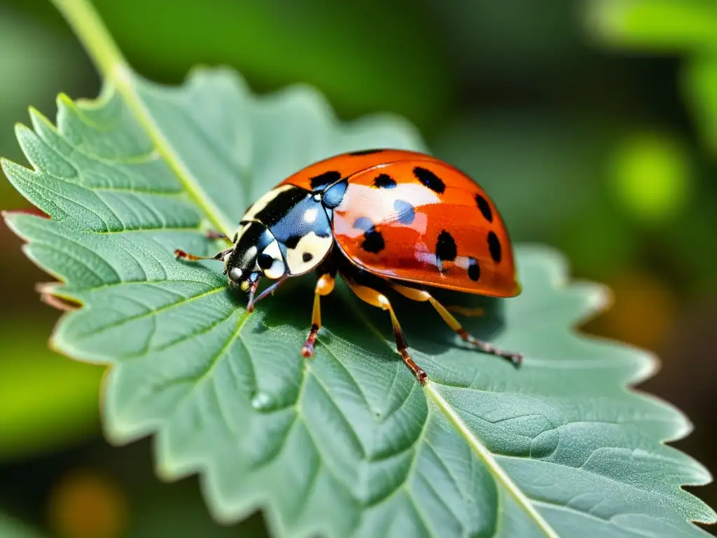 Una mariquita nativa descansa delicadamente en una hoja verde vibrante en un bosque exuberante