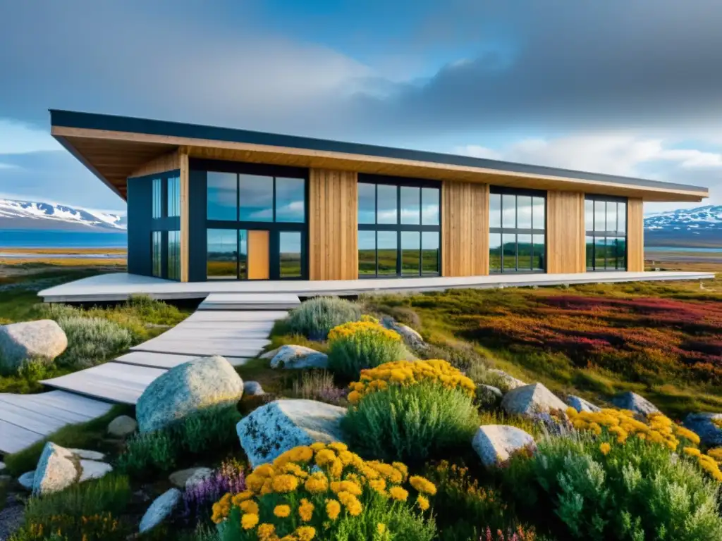 Arquitectura sostenible entre la tundra: Integración perfecta Materiales sostenibles para ecosistemas de tundra: Edificio ecológico en paisaje ártico, fusionando modernidad y técnicas tradicionales