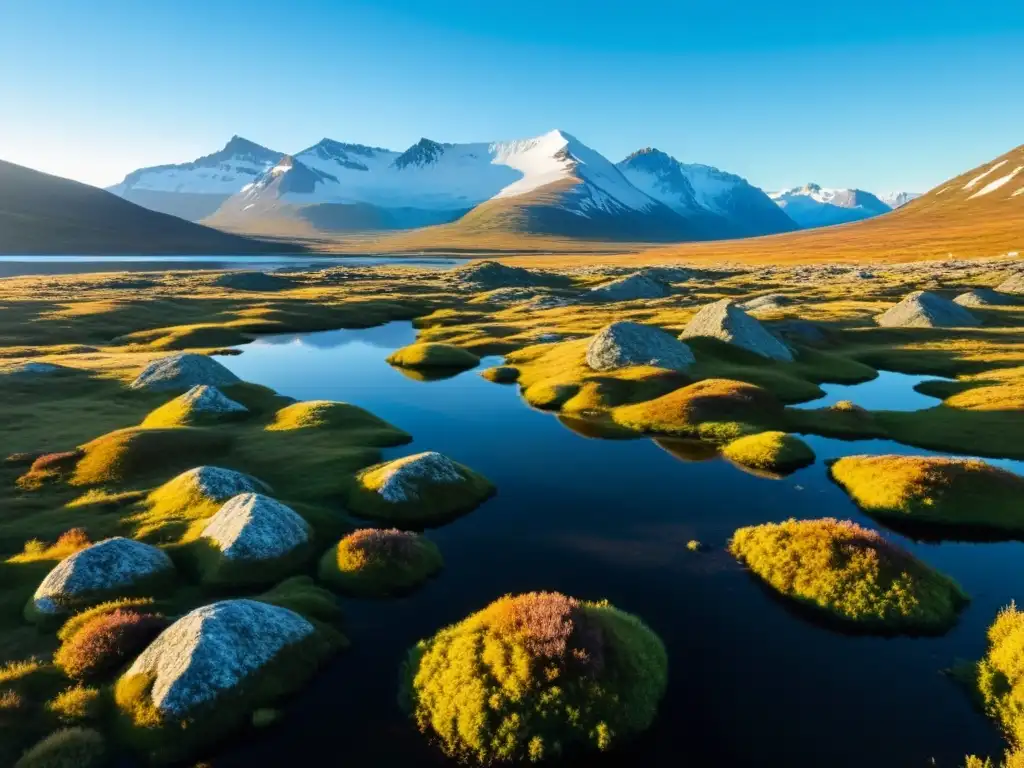 Medidas conservación tundra en peligro: Tundra extensa con arbustos, musgos, líquenes, lagos y montañas nevadas en un escenario natural impresionante