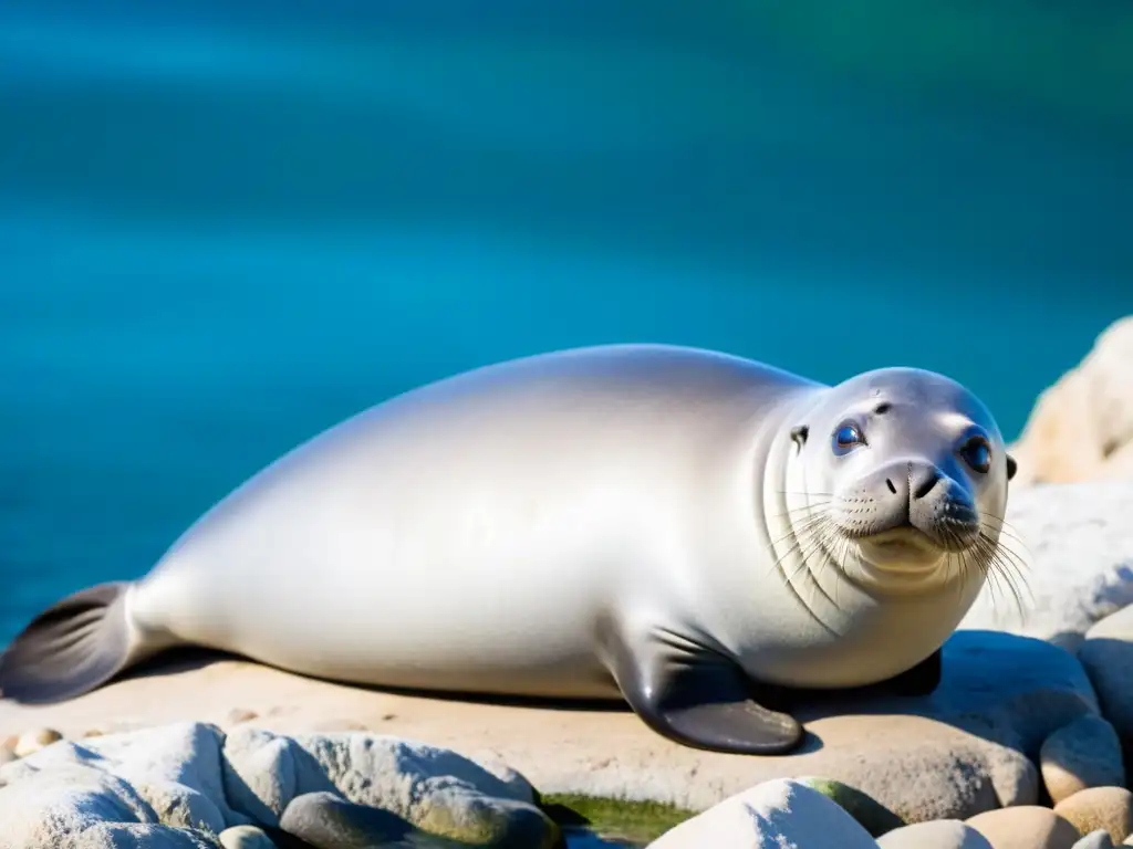 Una foca monje del Mediterráneo descansa en una costa rocosa con el mar azul de fondo