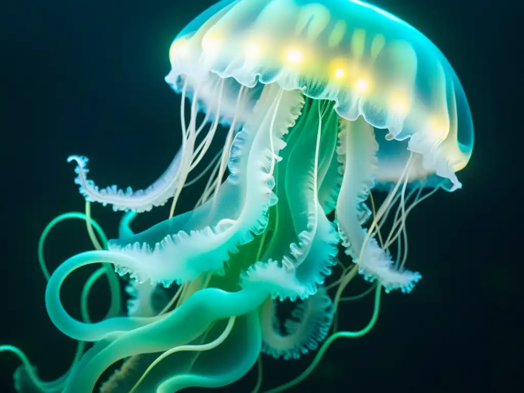 Una medusa bioluminiscente flota en aguas oscuras, sus patrones brillantes iluminan el mar