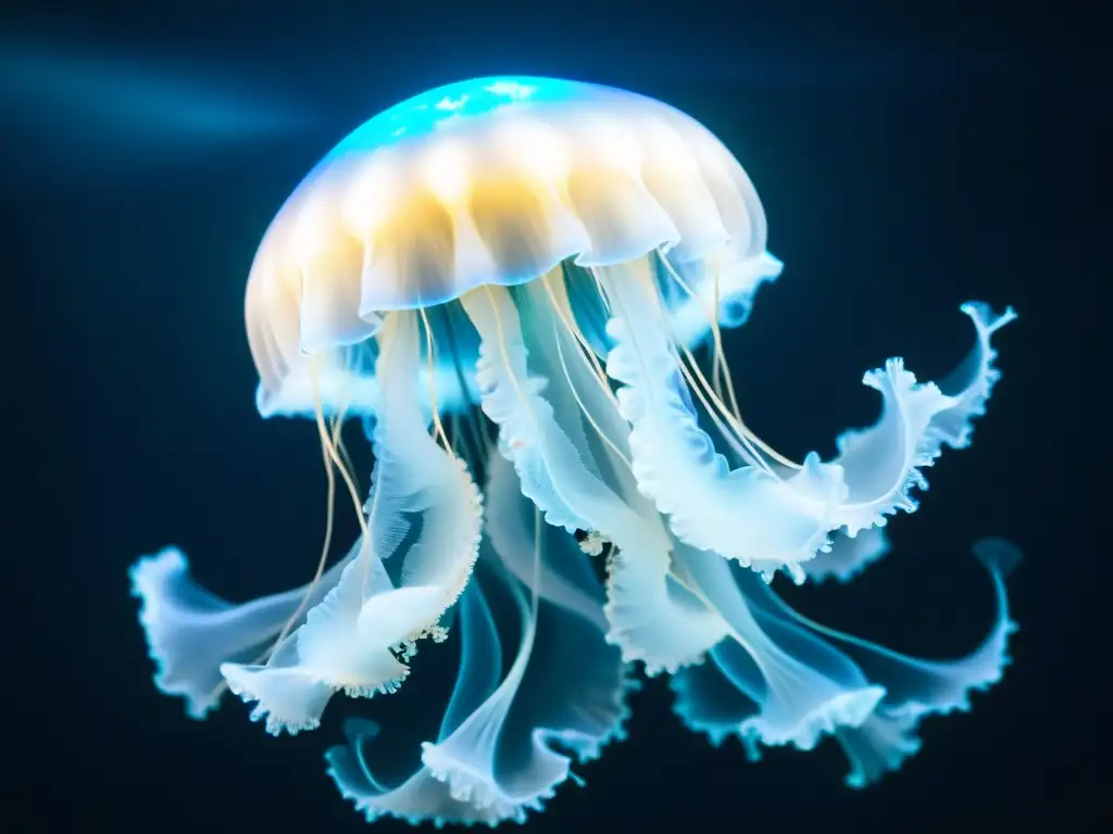 Una medusa bioluminiscente flotando en la oscuridad del océano, iluminando el agua y mostrando la bioluminiscencia en organismos marinos