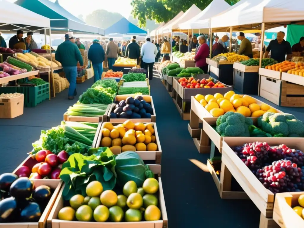 Mercado de Agricultores: Colores y Sabores Orgánicos en Comunidad Un mercado de agricultores bullicioso y colorido, con frutas y verduras orgánicas recién cosechadas, bañadas por la cálida luz del sol