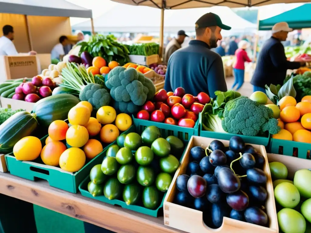 Un mercado de agricultores bullicioso con frutas y verduras orgánicas, destacando la cocina sostenible con ingredientes orgánicos