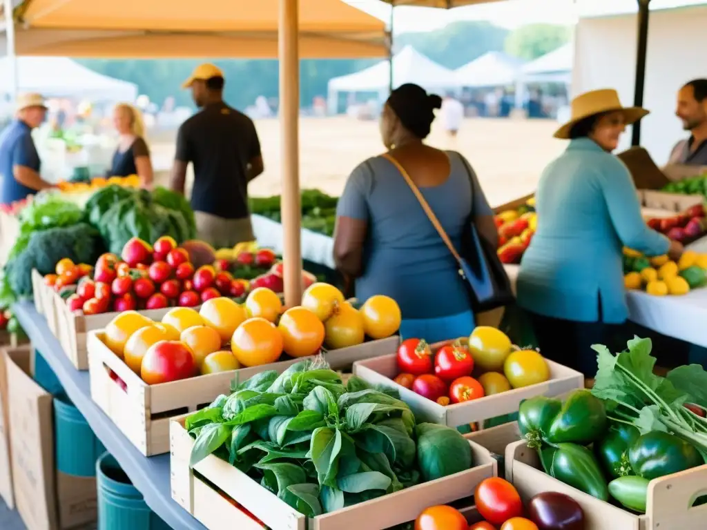 Un mercado de agricultores bullicioso lleno de productos orgánicos vibrantes, incluyendo tomates de herencia, verduras y frutas frescas