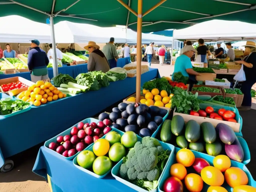 Mercado de agricultores bullicioso con productos frescos y coloridos, promoviendo la educación alimentación sostenible conciencia planetaria