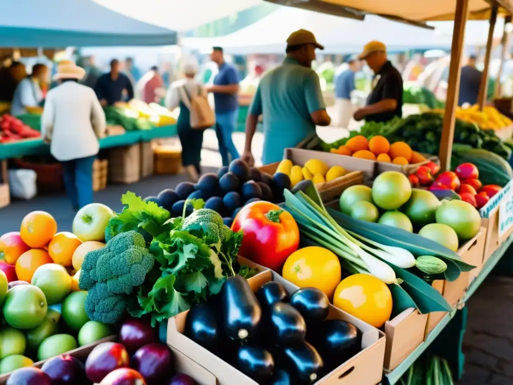 Un mercado de agricultores vibrante con frutas y verduras orgánicas, irradiando frescura y abundancia