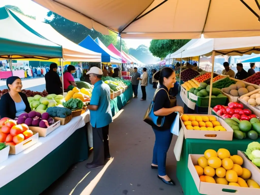 Un mercado al aire libre vibrante y colorido, con productos locales y un ambiente comunitario que refleja la importancia del consumo responsable