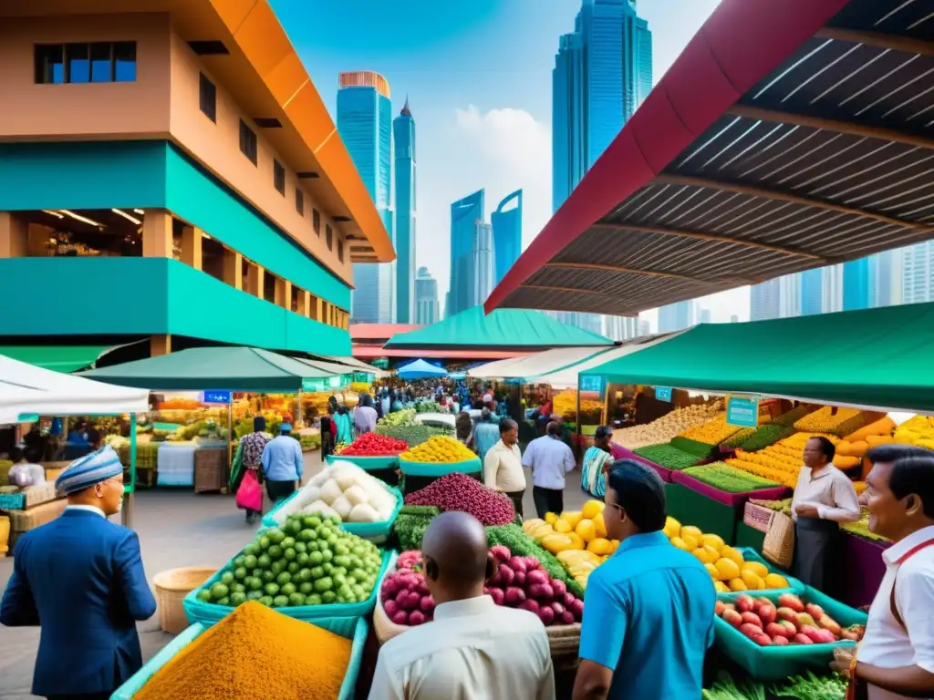 Mercado bullicioso en economía emergente, con vendedores de productos sostenibles y tradicionales