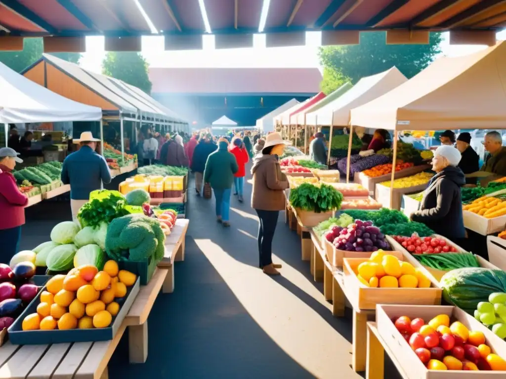 Un mercado agrícola bullicioso con frutas y verduras coloridas en puestos de madera, mientras la gente de diversas edades y orígenes observa