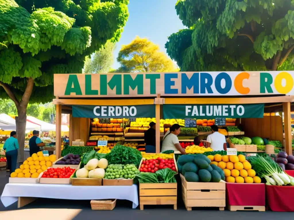 Un mercado agrícola bullicioso con frutas y verduras coloridas, stands de madera y la calidez del sol